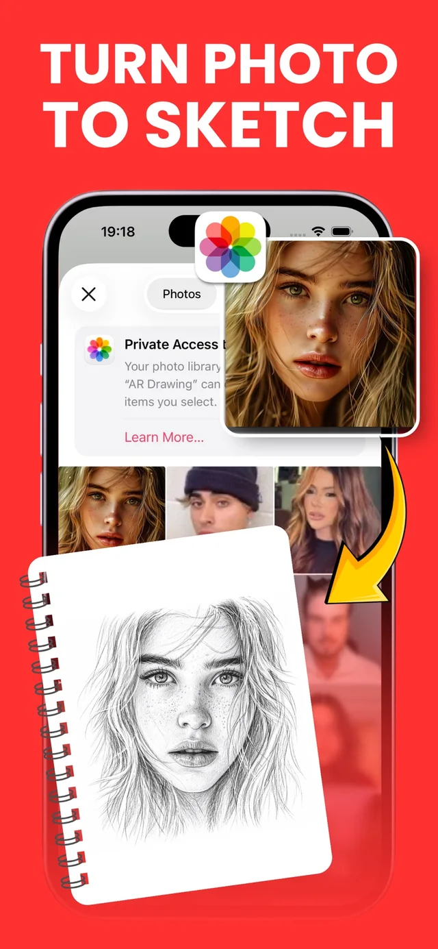 Official App Store artwork showing a selected portrait photo and its pencil sketch conversion