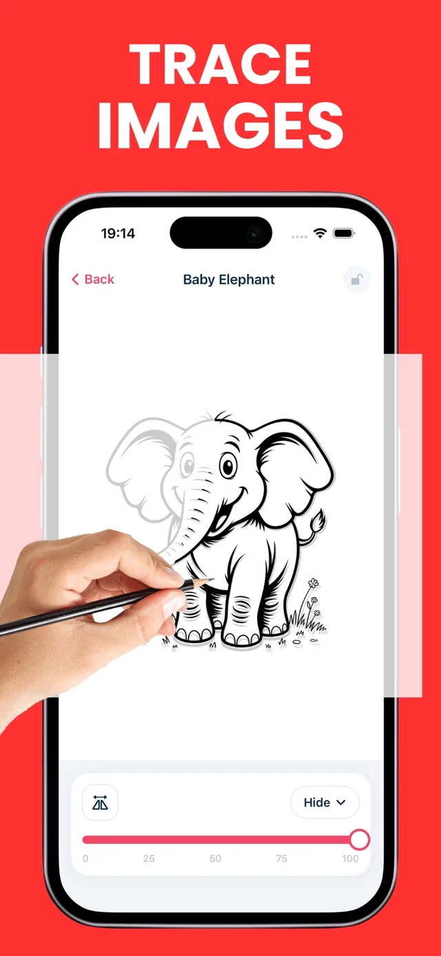Official App Store artwork demonstrating tracing with an elephant outline and opacity control