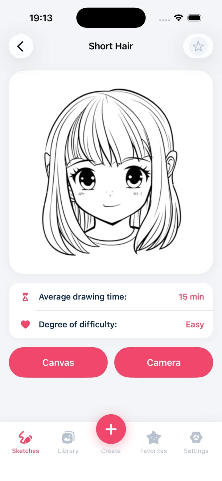 Authentic AR Drawing app screen with an anime drawing reference and Canvas and Camera options