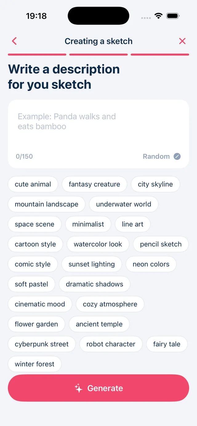 App screen for generating a sketch from a written description